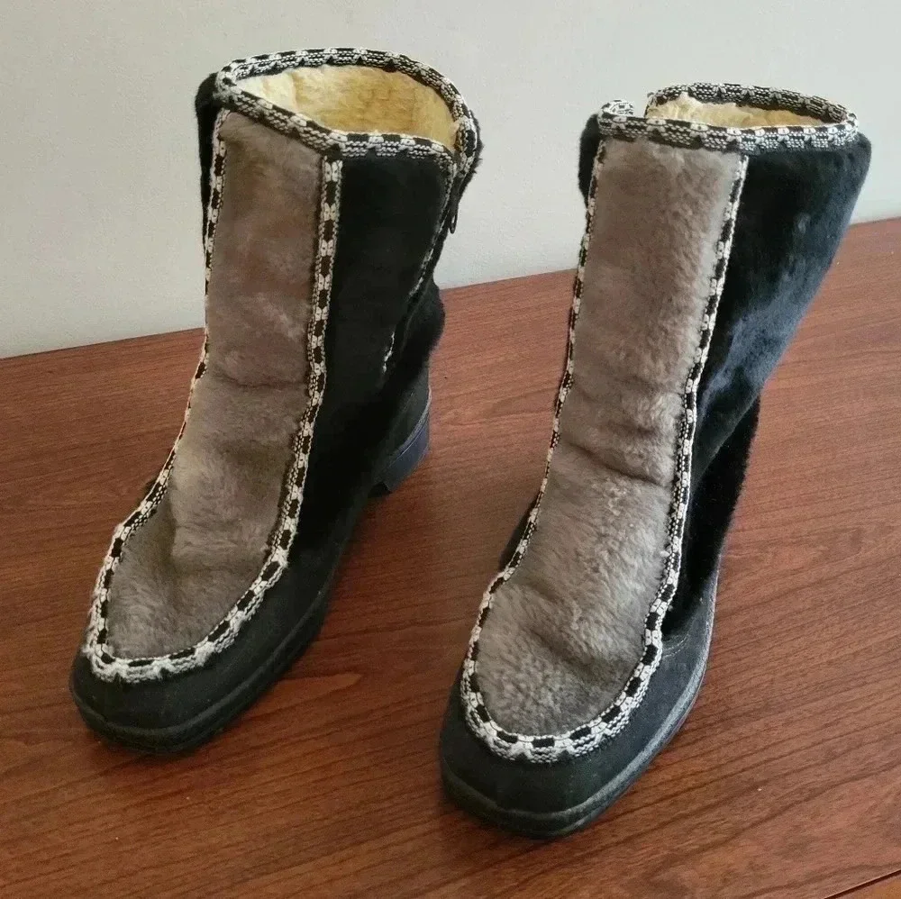 Vintage 60s/70s Snowland Leather Sherpa Faux Fur Lined Eskimo Winter Boots(7)